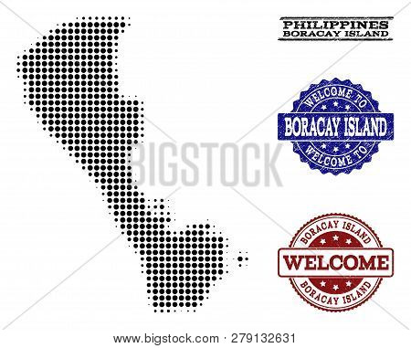 Welcome Collage Of Halftone Map Of Boracay Island And Rubber Seals. Halftone Map Of Boracay Island C