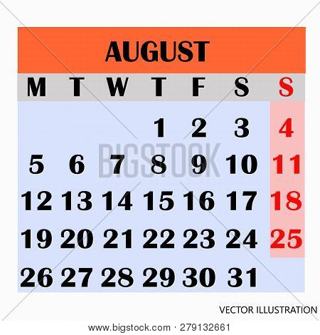 Calendar Design Month August 2019. Year 2019 Calendar. Simple Design For Calendar 2019. Calendar For