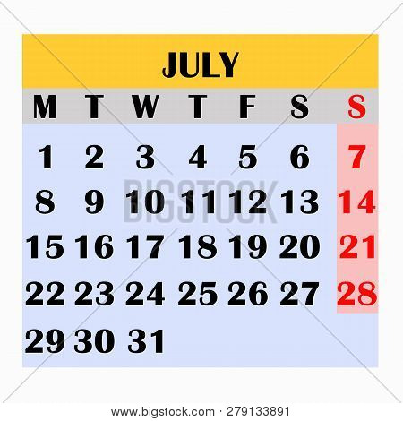Calendar Design Month July 2019. Year 2019 Calendar. Simple Design For Calendar 2019. Calendar For O