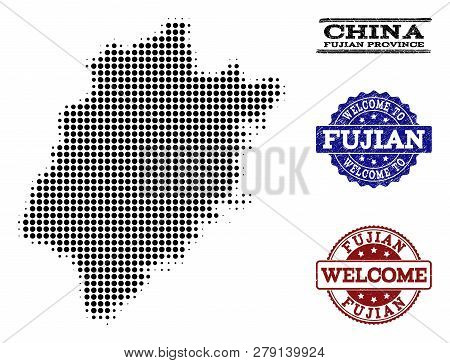 Welcome Composition Of Halftone Map Of Fujian Province And Scratched Watermarks. Halftone Map Of Fuj