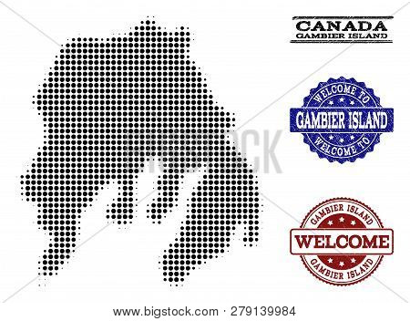 Welcome Combination Of Halftone Map Of Gambier Island And Scratched Stamps. Halftone Map Of Gambier 