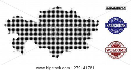 Welcome Composition Of Halftone Map Of Kazakhstan And Grunge Stamps. Halftone Map Of Kazakhstan Cons