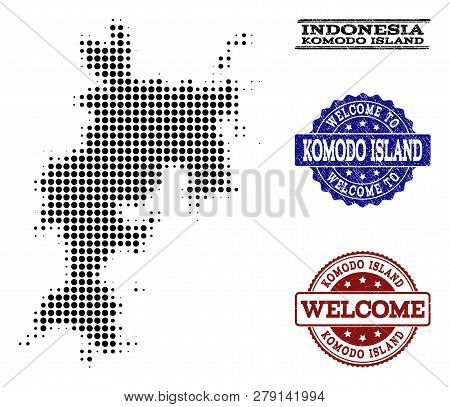 Welcome Combination Of Halftone Map Of Komodo Island And Corroded Watermarks. Halftone Map Of Komodo