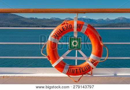 September 14, 2018 - Inside Passage, Alaska: Orange Lifering On Cruise Ship.