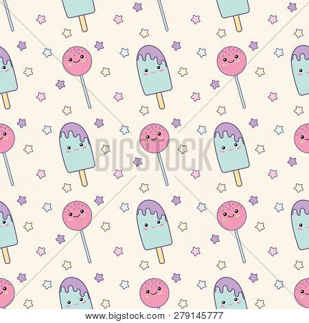 Holiday Or Birthday Seamless Pattern With Lollipop And Ice Cream.