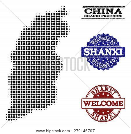 Welcome Combination Of Halftone Map Of Shanxi Province And Grunge Seals. Halftone Map Of Shanxi Prov