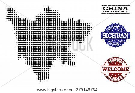 Welcome Collage Of Halftone Map Of Sichuan Province And Rubber Seals. Halftone Map Of Sichuan Provin
