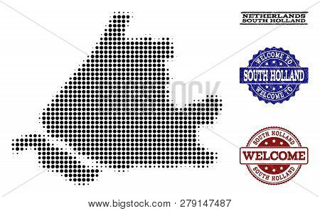 Welcome Composition Of Halftone Map Of South Holland And Rubber Seals. Halftone Map Of South Holland