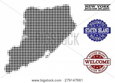 Welcome Composition Of Halftone Map Of Staten Island And Corroded Watermarks. Halftone Map Of Staten