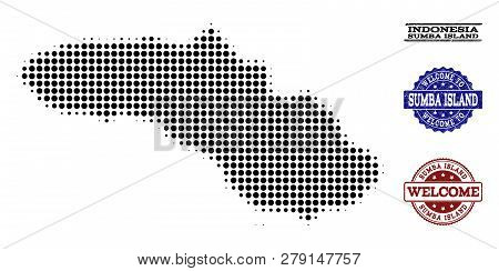 Welcome Combination Of Halftone Map Of Sumba Island And Rubber Seals. Halftone Map Of Sumba Island D