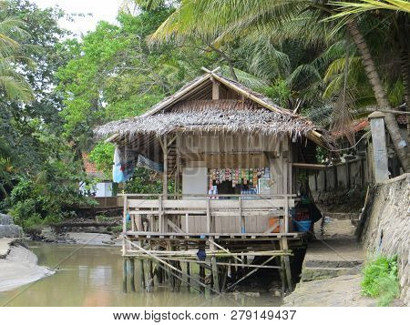 Anyer, Indonesia - June 26, 2018: A Traditional Coffee Shop At A Village Near The Beach.