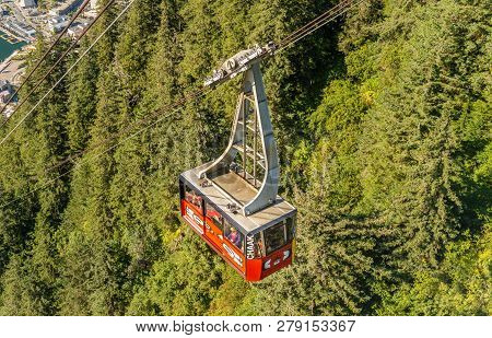 September 14, 2018 - Juneau, Alaska: Red Mount Roberts Tramway Car On Cable.