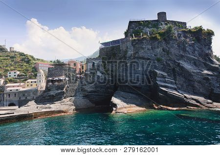 Vernazza, Italy, La Specia Province, Liguria Regione, 08 August, 2018: View Of The Sea On The Rock A