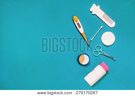 Accessory For The Care Of A Newborn, Scissors, Comb, Cream, Powder, Thermometer, Stick, Cotton Wool,