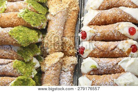 Sweety Pastry Called Cannoli Siciliani In Italian Language At Sicilian Pastry Shop