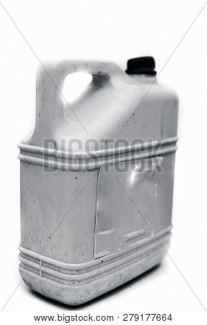 Close Up Of White Colored Jerrican Or Plastic Jerrican Or Jerry Can Isolate On White Used For Contai