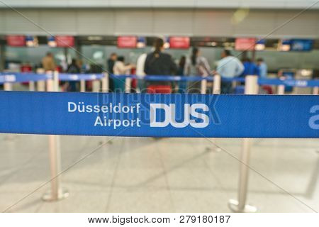 DUSSELDORF, GERMANY - CIRCA OCTOBER, 2018: close up shot of Dusseldorf Airport sing.