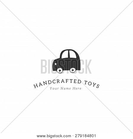 Hand Drawn Premade Logo Template, Cute Toy Car. Black On White Illustration. Element For Children Re