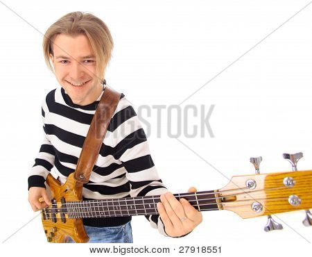 Young boy with electrical guitar isolated on a over white background