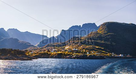 Panorama Of Moskenes Village From Sailing Ferry, Lofoten Islands, Norway. Norwegian Fjord And Summer