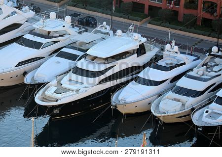 Fontvieille, Monaco - January 10, 2019: Top View Of Luxurious Yachts And Megayachts Lined Up, Boats 