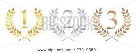 Golden, Silver And Bronze Award Laurel Wreat . Winner Leaf Label,  Symbol Of Victory. Vector Illustr