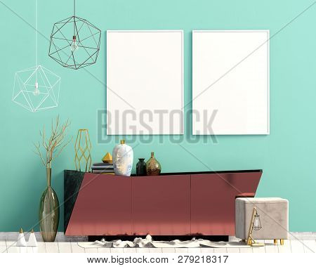 Iinterior Design In Contemporary Style. Mock Up Poster. 3d Illustration.