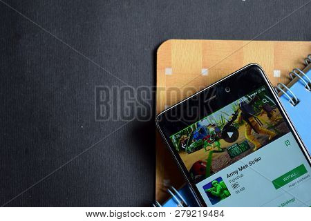 Bekasi, West Java, Indonesia. January 18, 2019 : Army Men Strike Dev App On Smartphone Screen. Army 