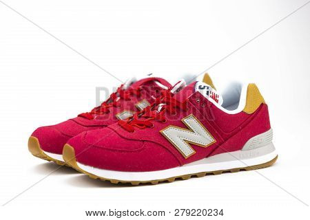Boston, Ma, Usa, January 2019 - Pair Of New Balance Nb 574 Athletic Shoes On White Background. New B