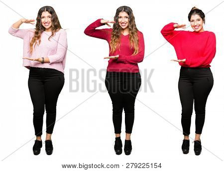Collage of beautiful young woman over white isolated background gesturing with hands showing big and large size sign, measure symbol. Smiling looking at the camera. Measuring concept.