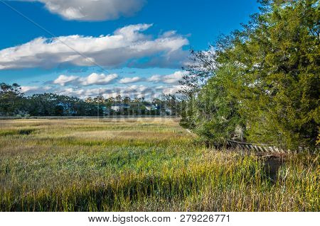 A View Of The Saltwater, Wetland Marsh Near The Coast Of St Simons, Georgia