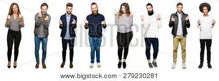 Collage of people over white isolated background Doing money gesture with hand, asking for salary payment, millionaire business