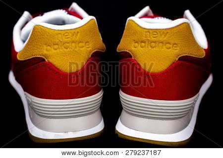 Boston, Ma, Usa, January 2019 - New Balance Nb 574 Athletic Shoes On Studio Background. New Balance 