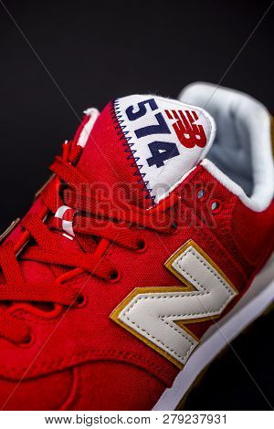 Boston, Ma, Usa, January 2019 - New Balance Nb 574 Athletic Shoes On Studio Background. New Balance 