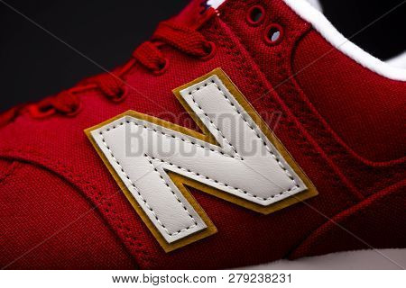 Boston, Ma, Usa, January 2019 - New Balance Nb 574 Athletic Shoes On Studio Background. New Balance 