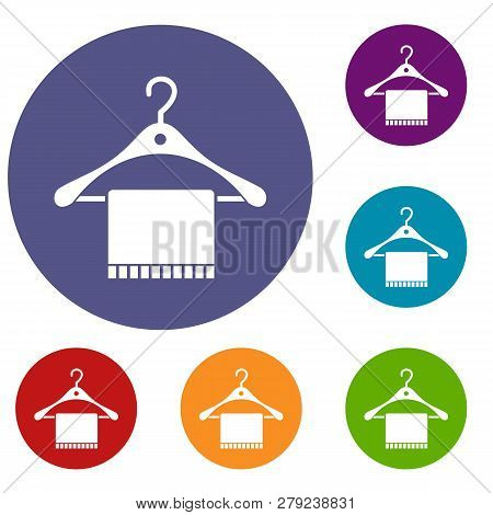 Scarf On Coat Hanger Icons Set In Flat Circle Reb, Blue And Green Color For Web