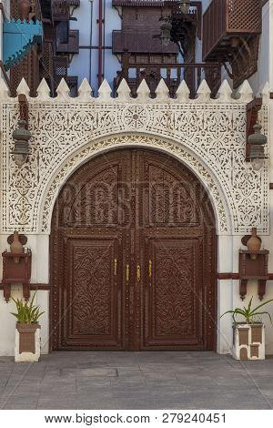 Old City In Jeddah, Saudi Arabia Known As Historical Jeddah. Old And Heritage Windows And Doors In J