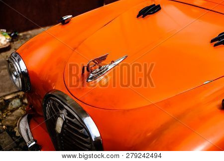 Trinidad, Cuba - 2019.austin Classic Vintage Car, Red Color, Close Up.