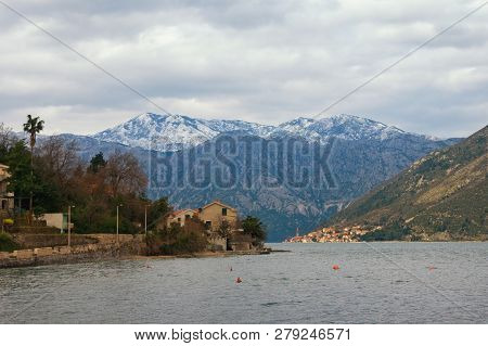 Cloudy Mediterranean Landscape.  Montenegro, View Of The Bay Of Kotor (adriatic Sea), The Village Of