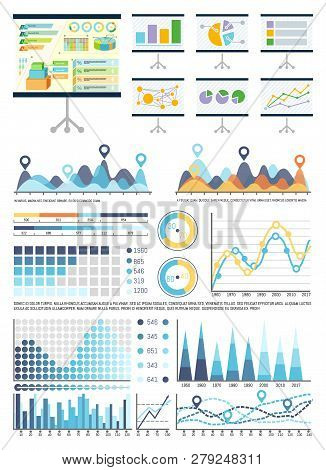 Whiteboard With Infocharts And Infographics Data Vector. Graphic Representation Of Information, Busi