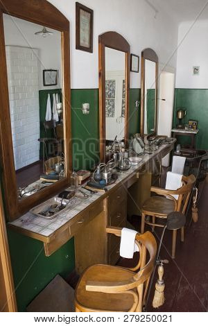Lublin, Poland, August 2018: Interior Of Old Barber Shop In Open Air Village Museum