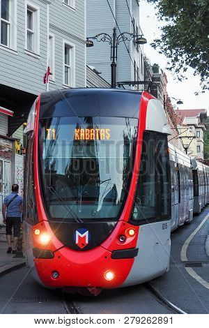 Istanbul, Turkey - August 21, 2018: Modern Tram Mean Of Transport Of Istanbul Approaching Gulhane St