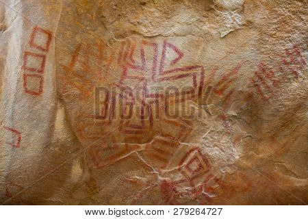 Prehistoric Paintings On Rock Known As Petroglyphs In The Municipality Of Facatativa In Colombia