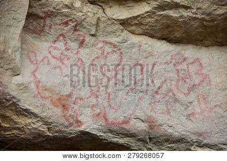 Prehistoric Paintings On Rock Known As Petroglyphs In The Municipality Of Facatativa In Colombia