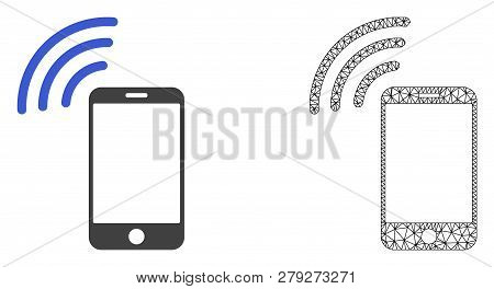 Polygonal Mesh Cellphone Signal And Flat Icon Are Isolated On A White Background. Abstract Black Mes