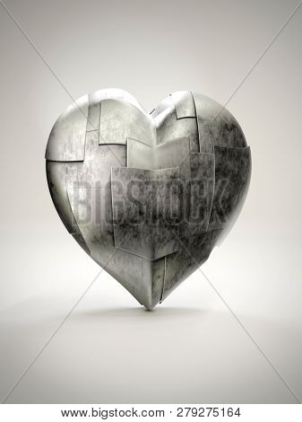 3D render of metal armoured heart on white background