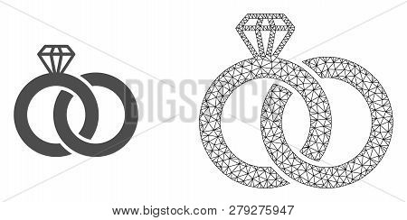 Polygonal Mesh Diamond Wedding Rings And Flat Icon Are Isolated On A White Background. Abstract Blac