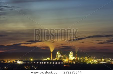 Panorama View Of Cement Plant And Power Sation At Night In Ivano-frankivsk, Ukraine
