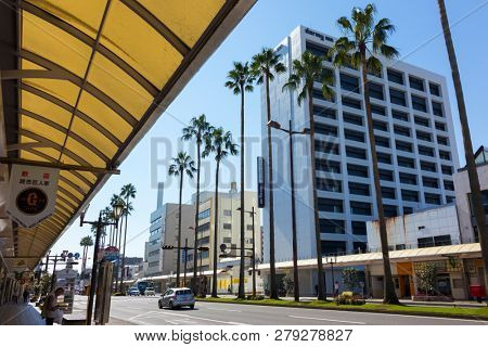 Miyazaki, Japan - November 7, 2018: Tachibanadori street with modern architecture and palm trees in Miyazaki, Japan 