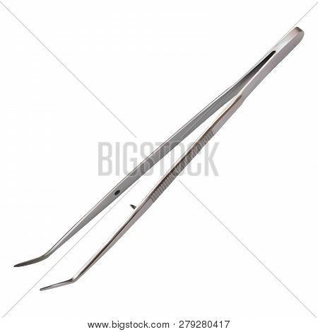 Curved Metal Tweezers For The Dentist. Hand Metal Tool. Health And Medicine. Realistic Isolated Obje